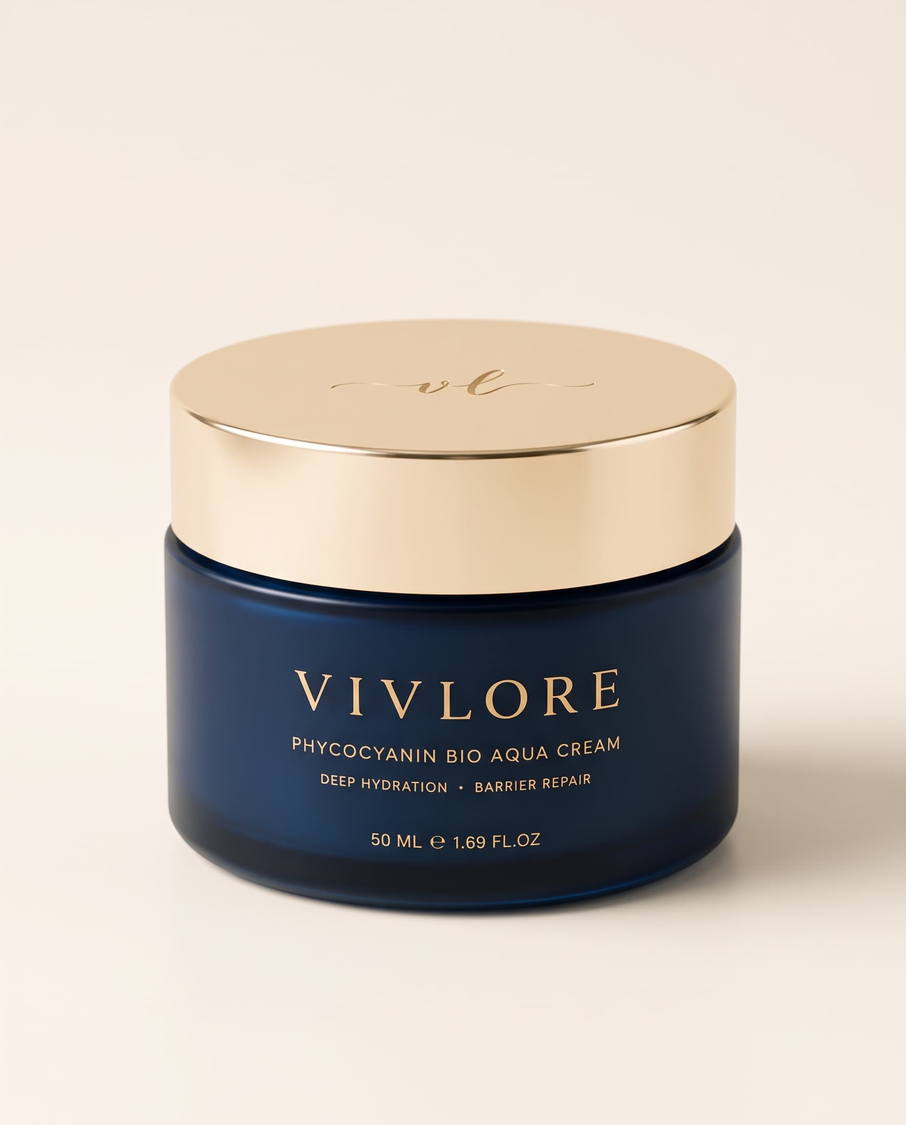The VIV LORE jar with its champagne-gold lid on a warm ivory background