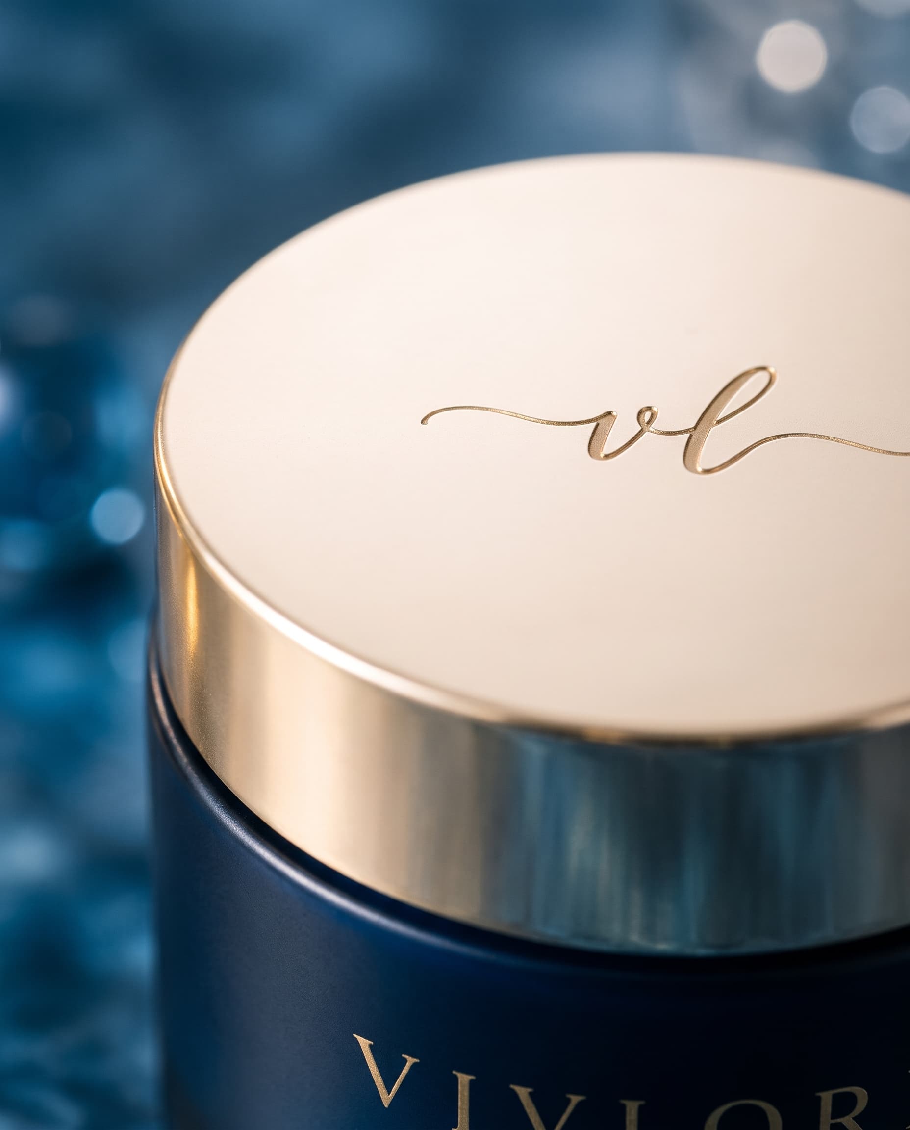 Macro view of the polished champagne-gold lid engraved with the vl monogram