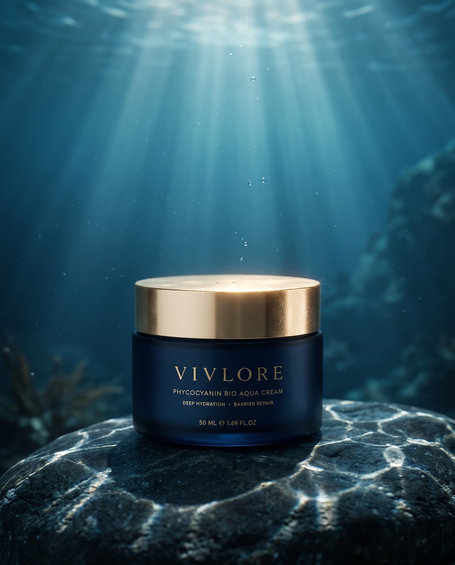 The VIV LORE jar with its champagne-gold lid in deep ocean-blue light